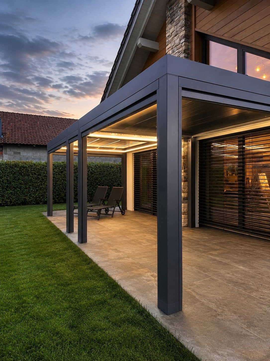 SMART bioclimatic pergola with LED lighting and sun loungers on a terrace in the evening